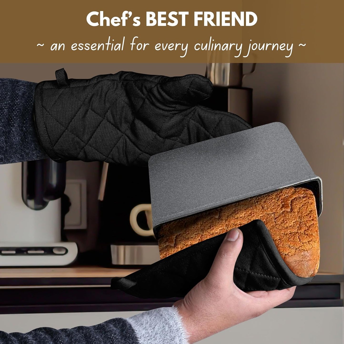 Native Fab Pot Holders and Oven Mitts Sets for Kitchen Heat Resistant - Hanging Non-Slip - 100% Cotton Kitchen Oven Mitts and Pot Holders 4-Piece Set - Black