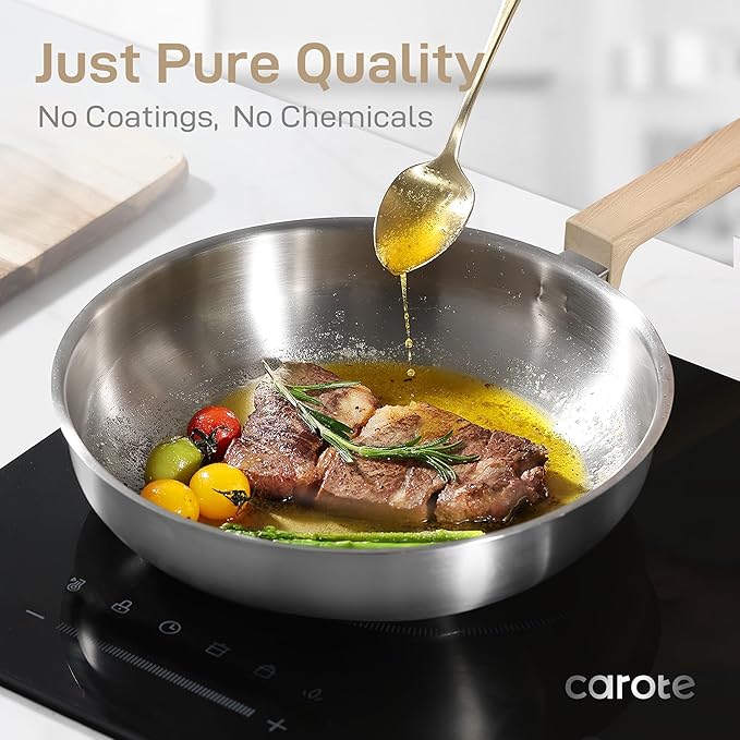 CAROTE 7 Pcs Stainless Steel Cookware Set, 3-ply Base Induction Available Stainless Steel Pots and Pans Set, Tempered Glass Lids, Induction Kitchen Cookware Sets, Stay-Cool Handles