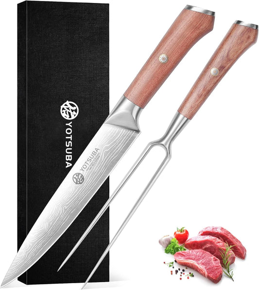 YOTSUBA Carving Knife and Fork Set, Meat Cutting Knife, Razor-Sharp German Stainless Steel Knives Fork Set with Ergonomic Wood Handle, Slicing Knives for Meats, BBQ & Vegetables
