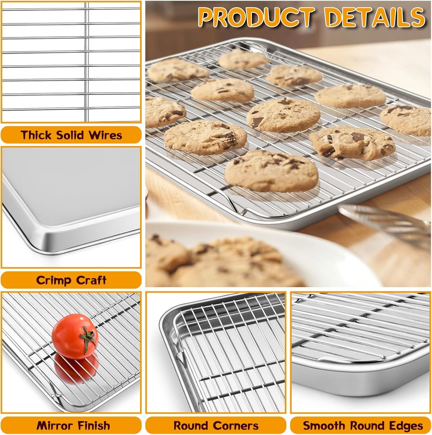 P&P CHEF 17.5 Inch Baking Sheet Pan with Rack Set, Stainless Steel Cookie Sheet Pan Tray with Cooling Rack for Oven Use, Cooking Roasting, Non Toxic & Dishwasher Safe, Heavy Duty