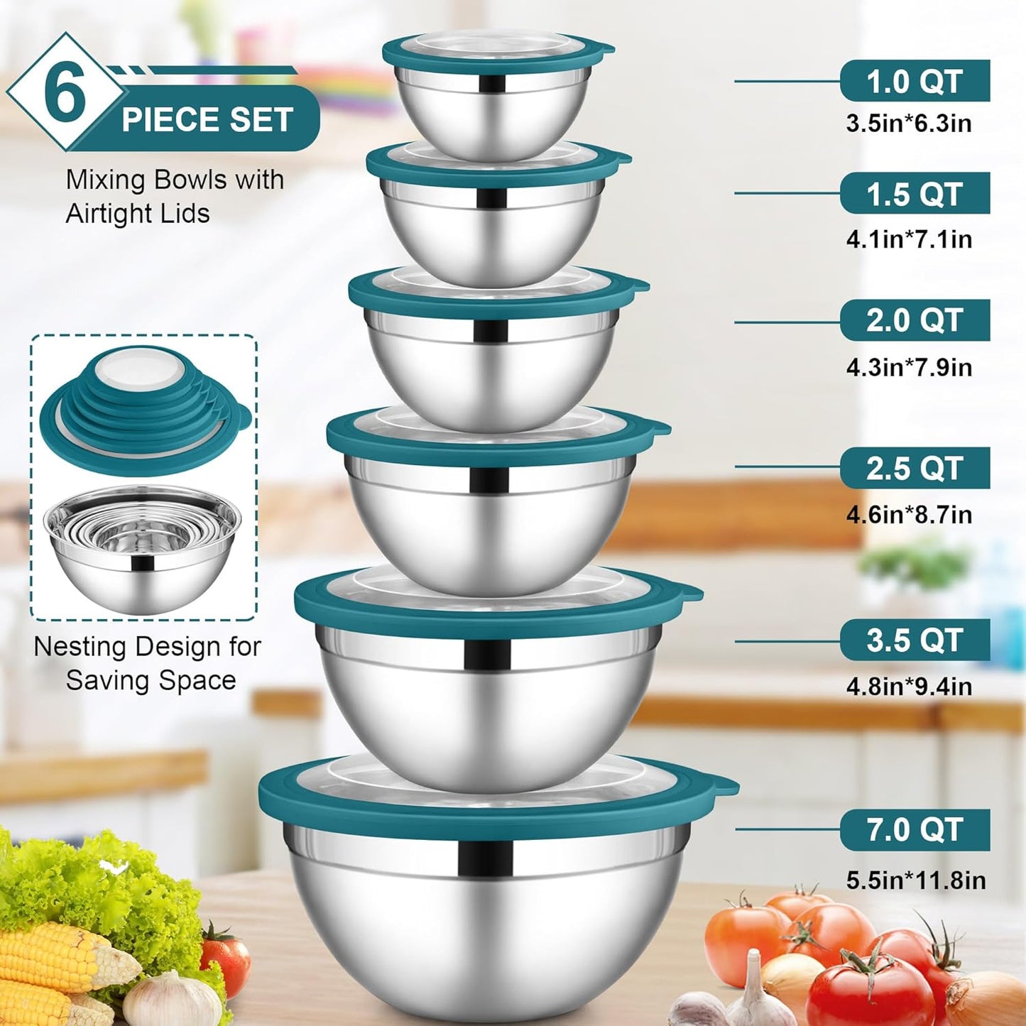LIANYU Stainless Steel Mixing Bowls, 6 Packs Deep Metal Nesting Bowls Set for Baking Cooking Serving Prepping, Large& Small 7, 3.5, 2.5, 2, 1.5, 1QT Size, Include Visible Airtight Lid, Dark Blue