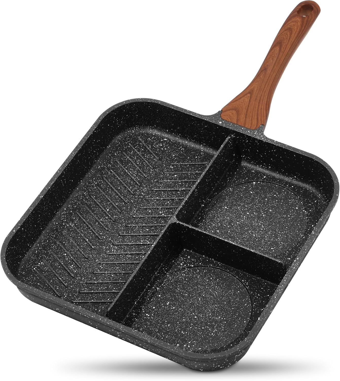 ESLITE LIFE 11 Inch Nonstick Divided Grill Pan for Indoor Cooking, Versatile 3-In-1 Induction Large Breakfast Pan for Stove Tops, PTFE & PFOA Free, Black