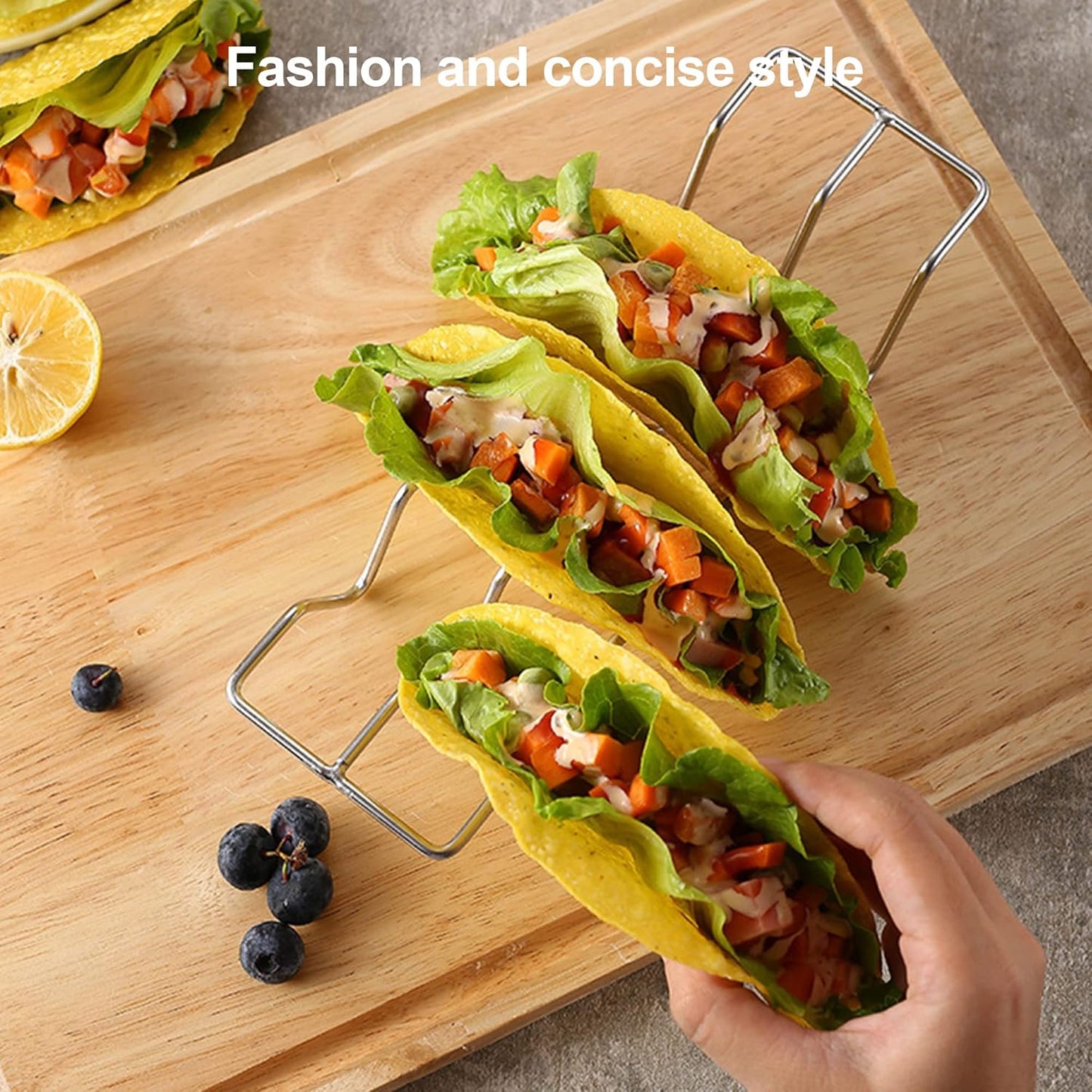 JIBOLAT Taco Holders set of 3,Stainless Steel Taco Shell Holder Stand,Taco Tray Plates for Taco Bar Gifts Accessories,Holds 4 Tacos Each,Oven Safe for Baking, Dishwa sher and Grill Safe