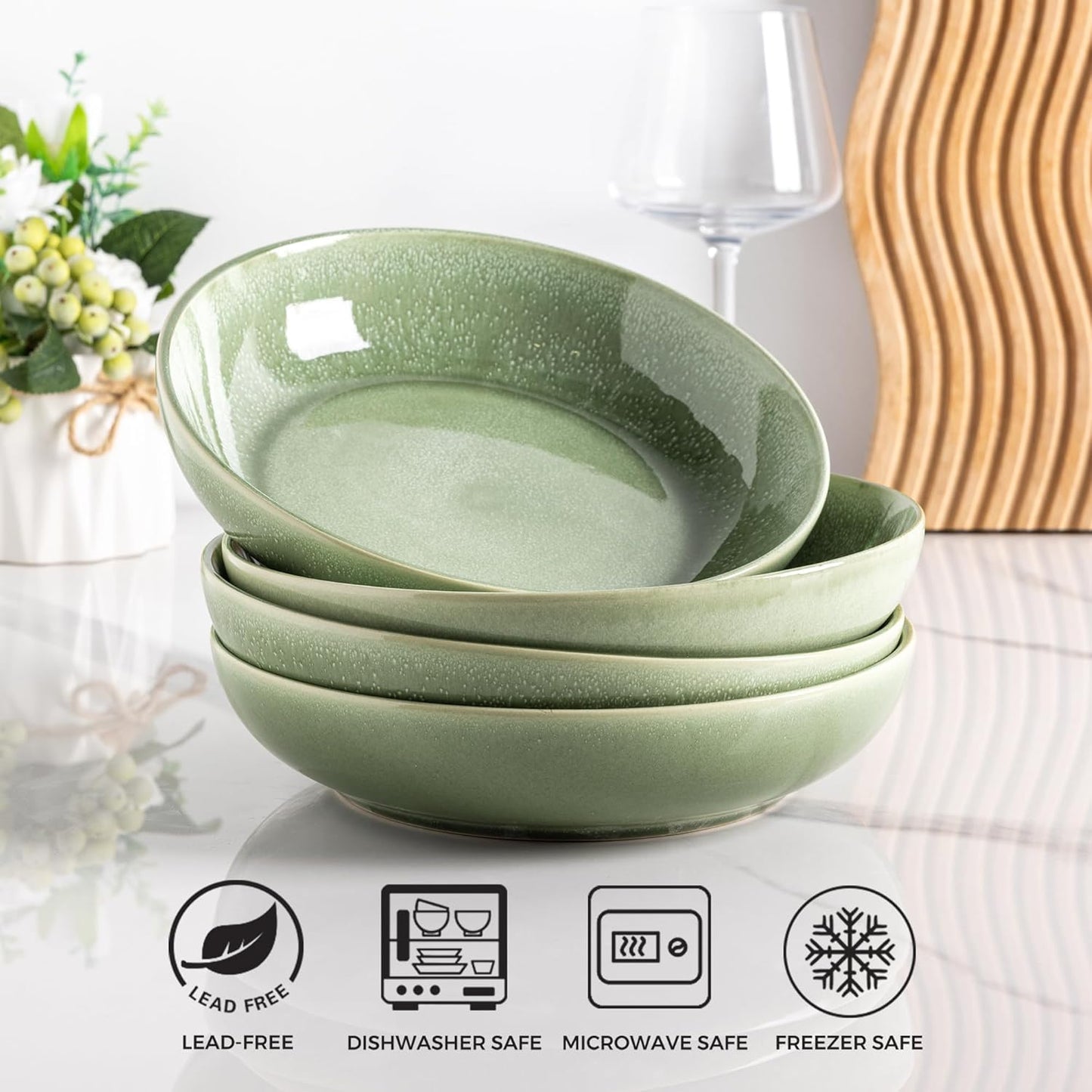 AmorArc 8.5'' Large Ceramic Pasta Bowls Set, 36oz Stoneware Bowls Set of 6 for Kitchen, Reavtive Glaze Bowls-Microwave,Dishwasher Safe for Pasta,Salad,Oatmeal-Olive Green