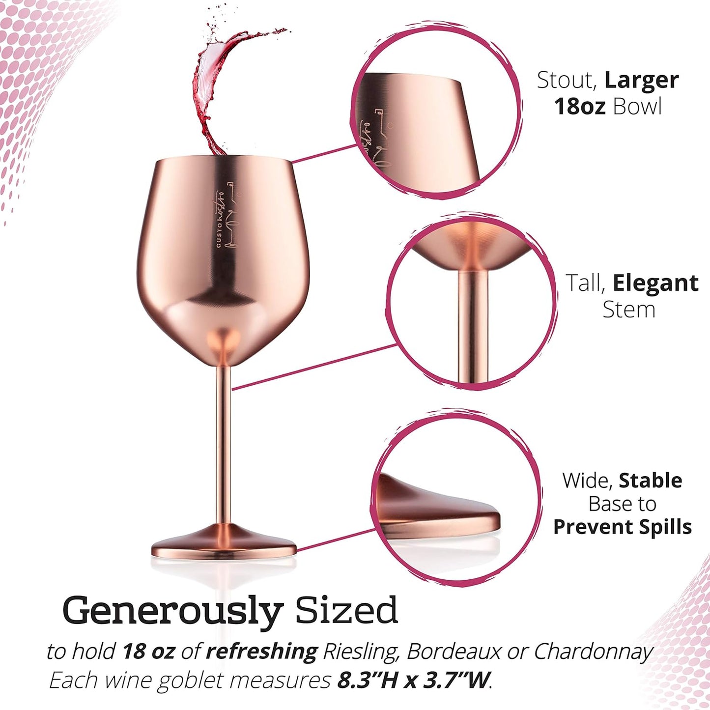 Gusto Nostro Stainless Steel Wine Glass - 18 oz - Unbreakable Rose Gold Wine Glasses for Travel, Camping and Pool - Fancy, Unique and Cool Portable Metal Wine Glass for Outdoor, Picnics (Set of 4)