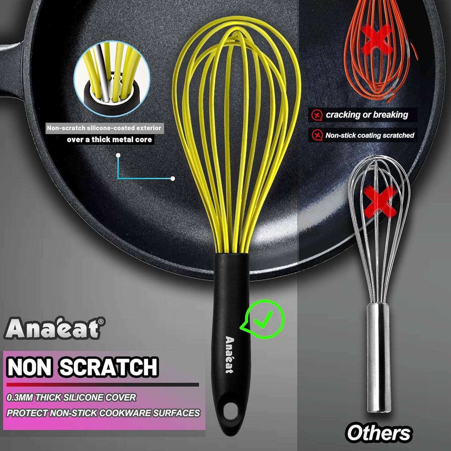 Anaeat Silicone Whisk, Thick Stainless Steel Wire Inner Heat Resistant - Kitchen Whisks for Non-Stick Cookware, Balloon Egg Beater for Whisking, Blending, Beating, Frothing & Stirring (Yellow)