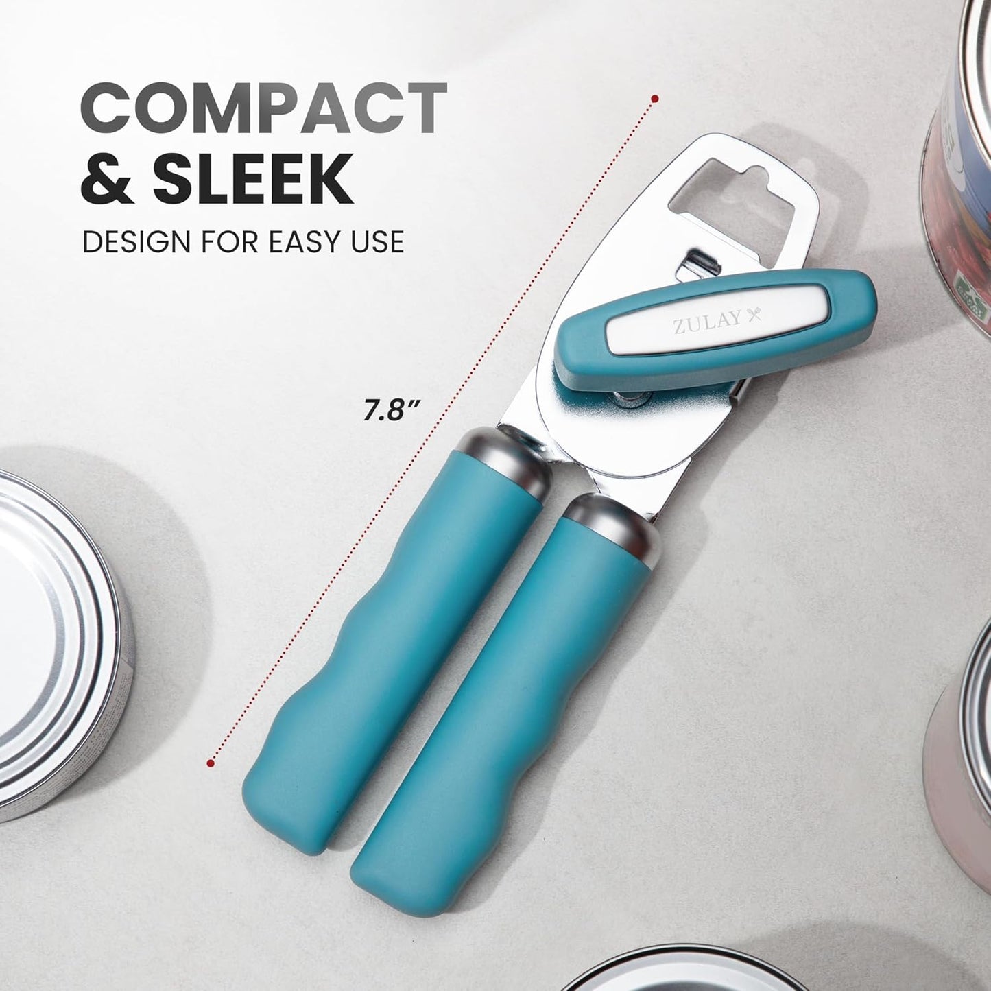 Zulay Kitchen Heavy Duty Stainless Steel Can Opener Manual with Bottle Opener - Rust Proof Manual Can Opener With Turn Knob & Comfy Soft Grip Handles - Dusty Blue