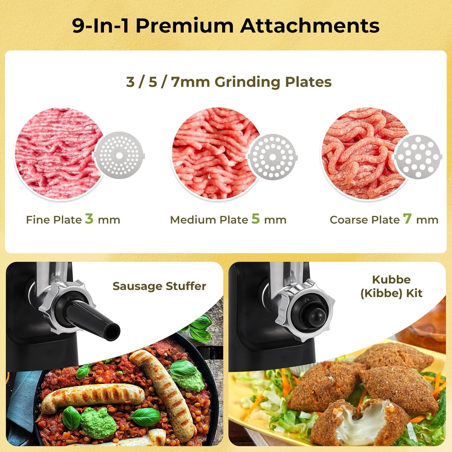 Meat Grinder Electric 9-In-1 Grinder 1700W For Meat with Attachments Sausage Maker, Kubbe Kit Stainless Steel Juicer, 3 Grinding Plates Meat Grinder for Home & Kitchen
