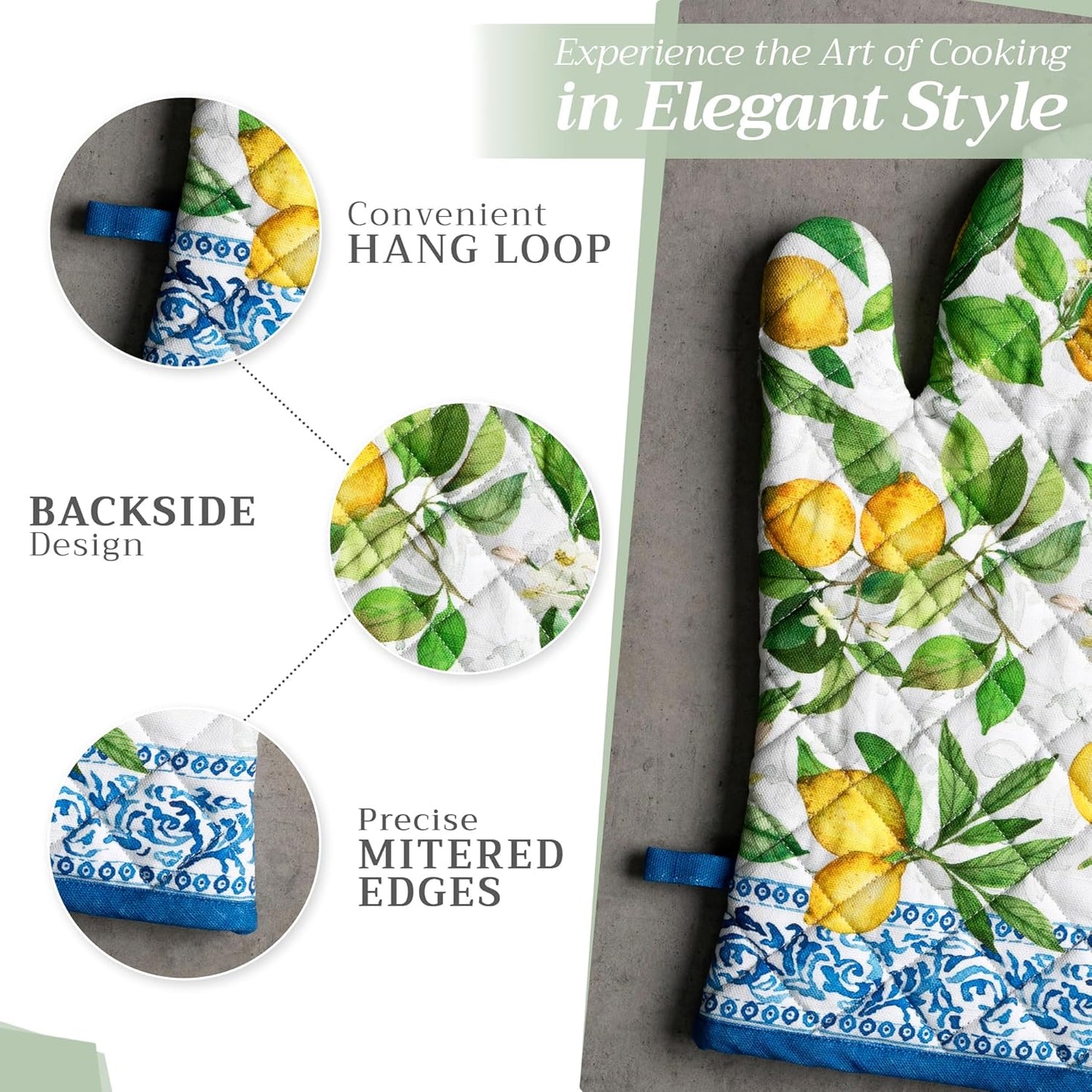 Maison d' Hermine 100% Cotton Oven Mitt & Pot Holder Set (7.5"x13" & 8"x8") Heat Resistant BBQ Cooking Gloves with Loop, Baking, Grilling, Kitchen, Handling Hot Pans Spring/Summer (Cedrat)