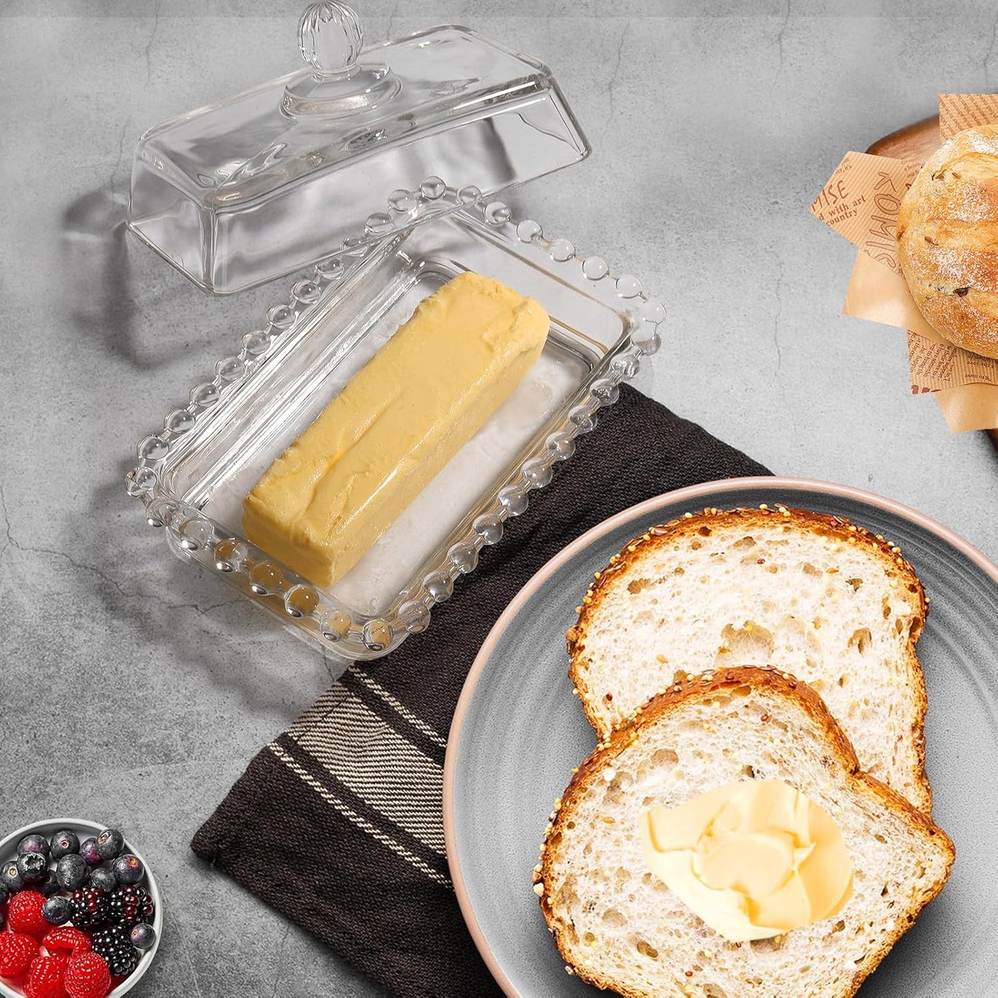 Glass Butter Dish with Large capacity for Countertop Crystal Butter Container with Cover for Counter Butter Keeper Tray Holder for Refrigerator