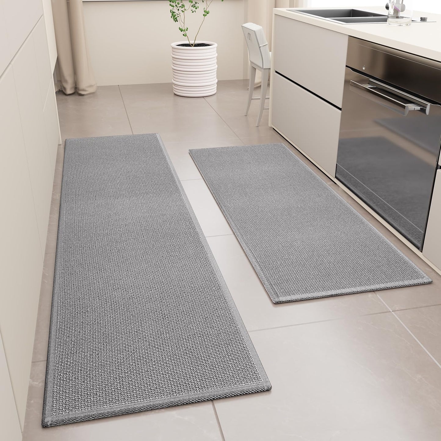 Kitchen Mat Set of 2 PCS, Cushioned Non Slip Rugs for Kitchen Floor, Absorbent Runner Comfort Standing Mats Washable for Kitchen, Office, Home, (Grey, 17.3"x47"+17.3"x71")