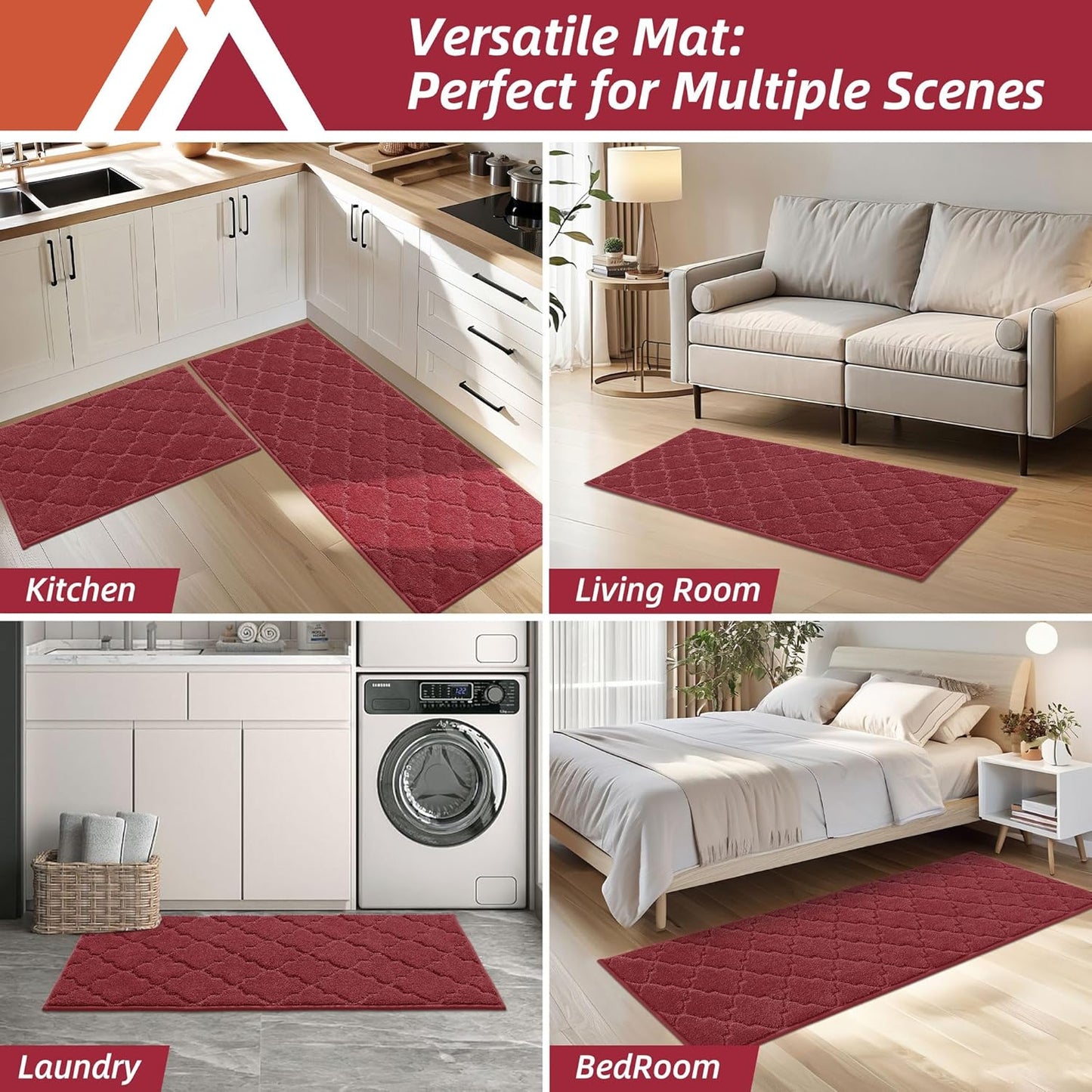 COSY HOMEER Soft Kitchen Floor Mats for in Front of Sink Super Absorbent Rugs and 20"x59" Non-Skid Mat Standing Washable,Polyester,Red