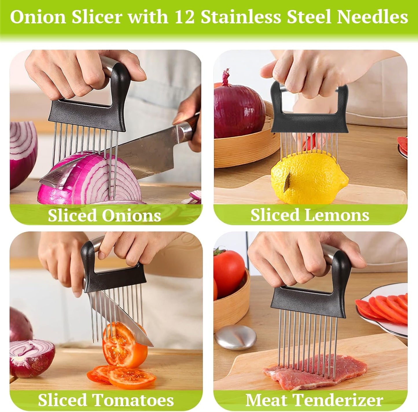 Suuker Onion Holder for Slicing, 2 Pieces Large Onion Cutter Vegetable Chopper, Stainless Steel Tomato Slicer for Potato Lemon, Meat Tenderizer Tool, Kitchen Food Slicer Guide for Neat Slicing