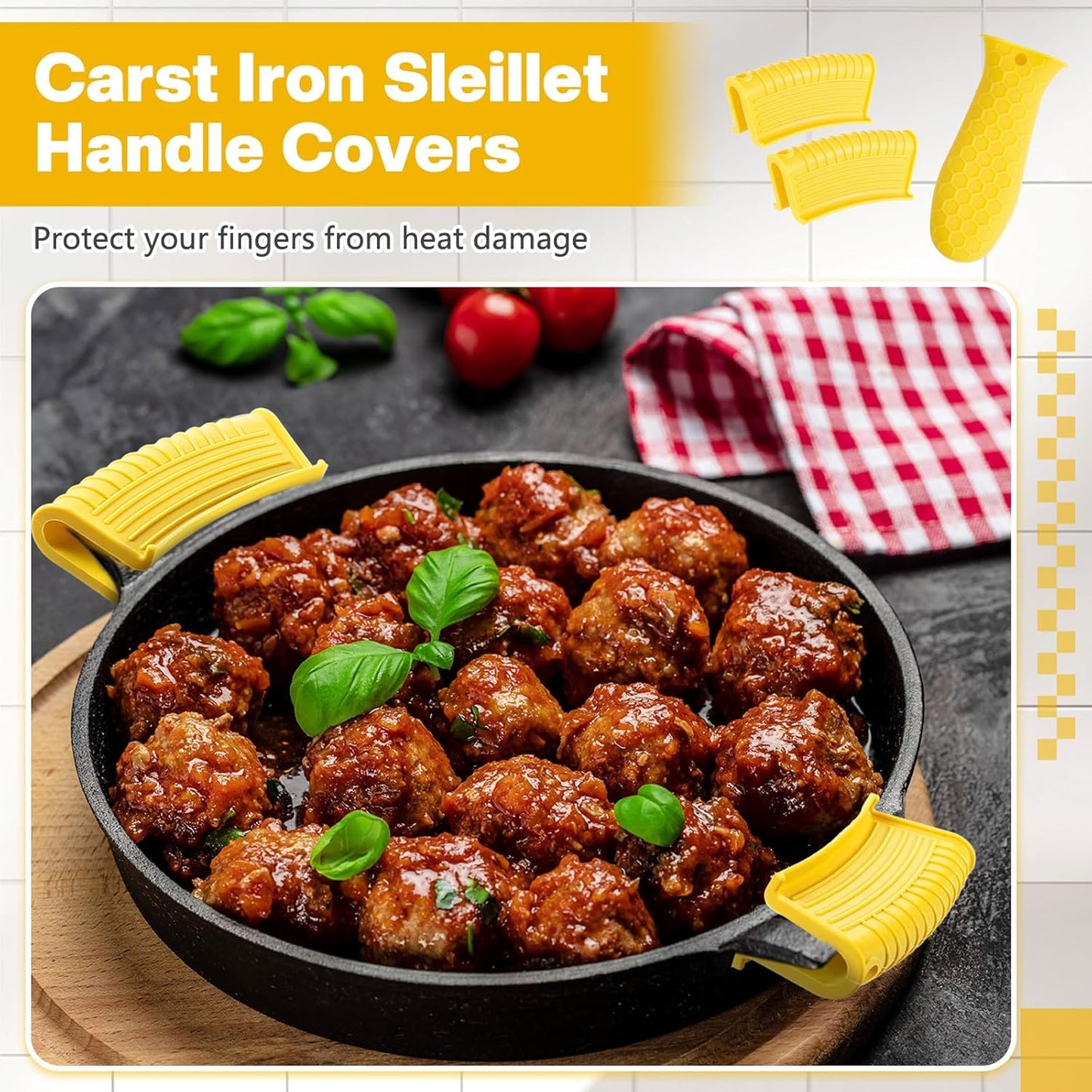 Patelai 8 Pcs Silicone Pot Holders Cast Iron Handle Cover Heat Resistant Pot Handle Covers Potholder Non Slip Reusable Pan Sleeve for Frying Pan Kitchen Supplies(Yellow)