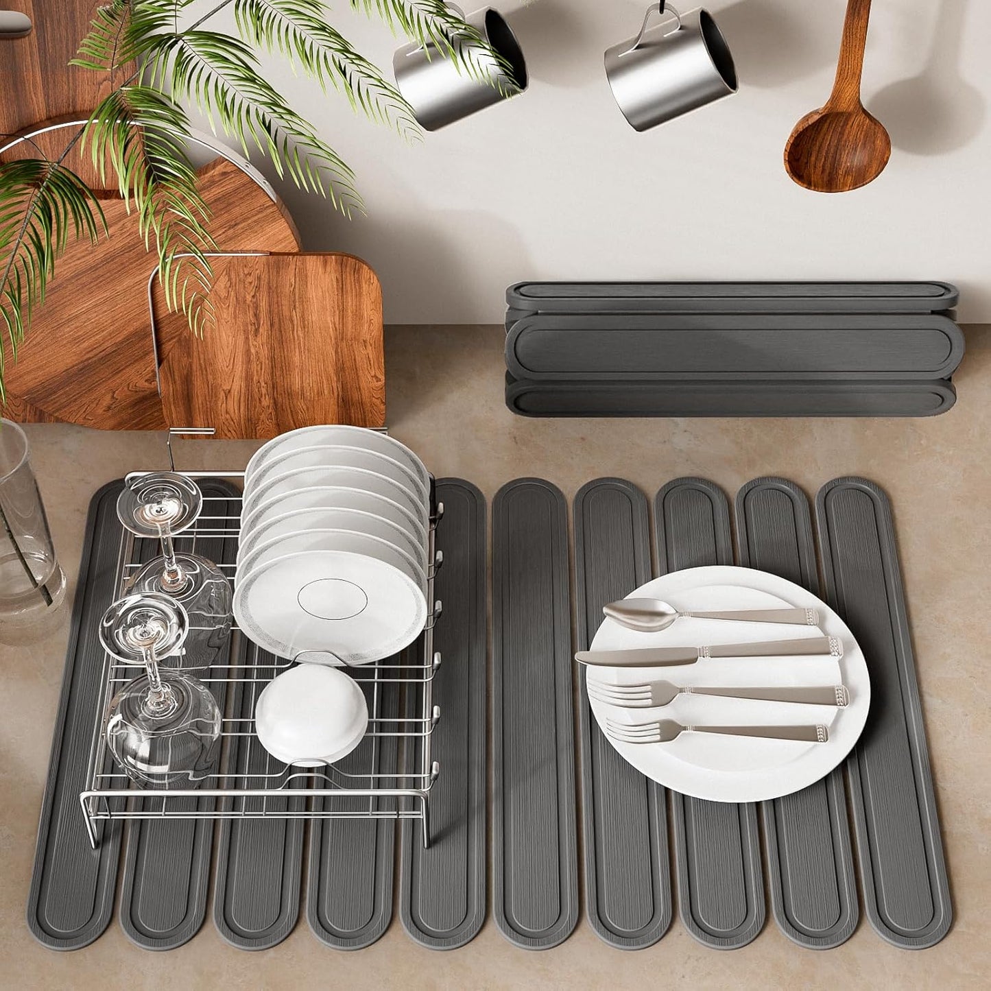 Stone Dish Drying Mat or Kitchen Counter, Quick Dry Stone Mat Kitchen for Dishes Bottles Cups, Large Foldable Diatomaceous Earth Dish Drying Mats Match Any Countertop, Dark Grey