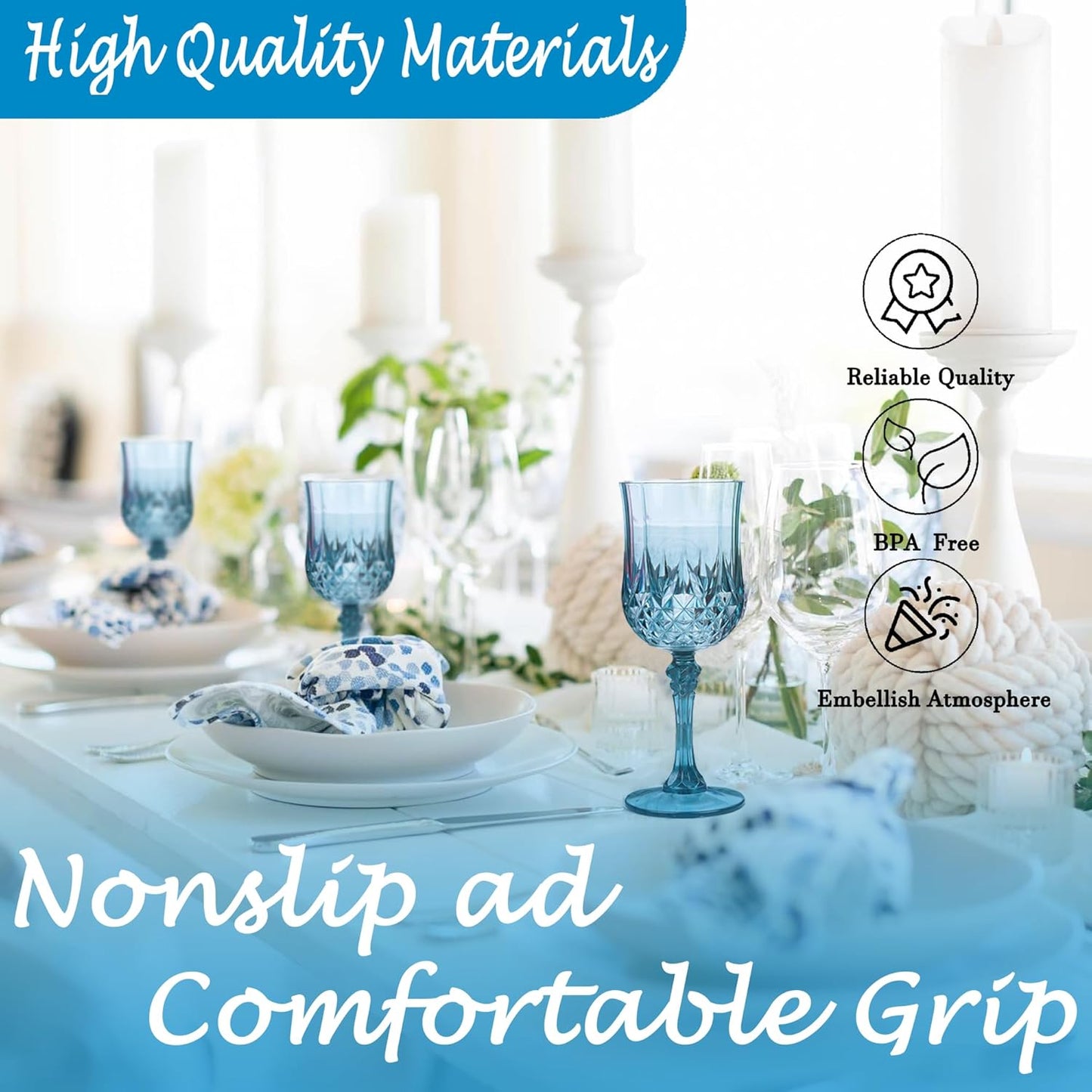 Plastic Wine Glasses，Plastic Goblets Vintage Style Cordial Drinking Glasses for Wedding Reception, Grand Event Party Supplies (48, Dusty Blue)