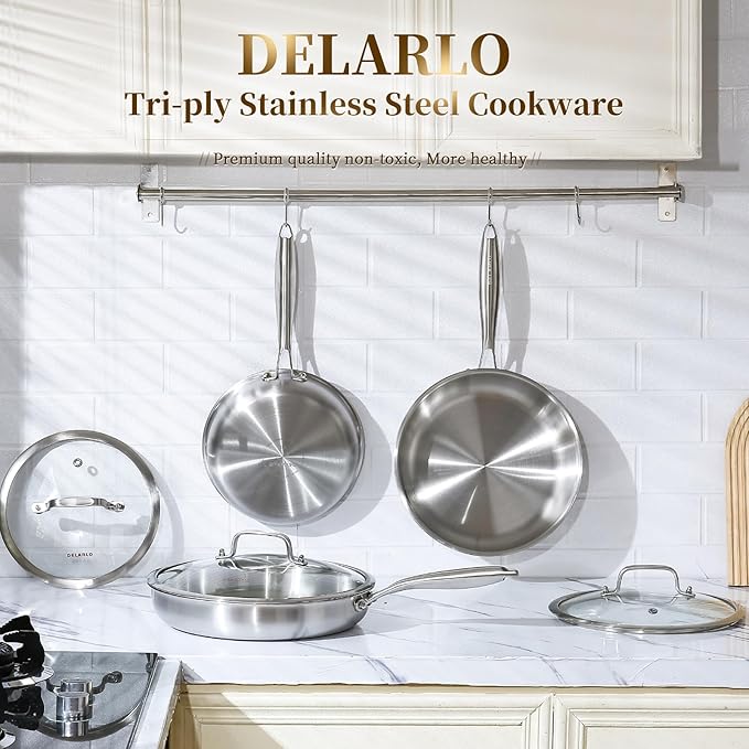 DELARLO Tri-Ply Stainless Steel Pan Set, 9" & 11",Compatible with All Cooktops Up to 600℉, Stainless Steel Frying Pan Set, Durable, Fast Even Heat, Cooking Pans, Kitchen Cookware Set, Skillet Set of 2