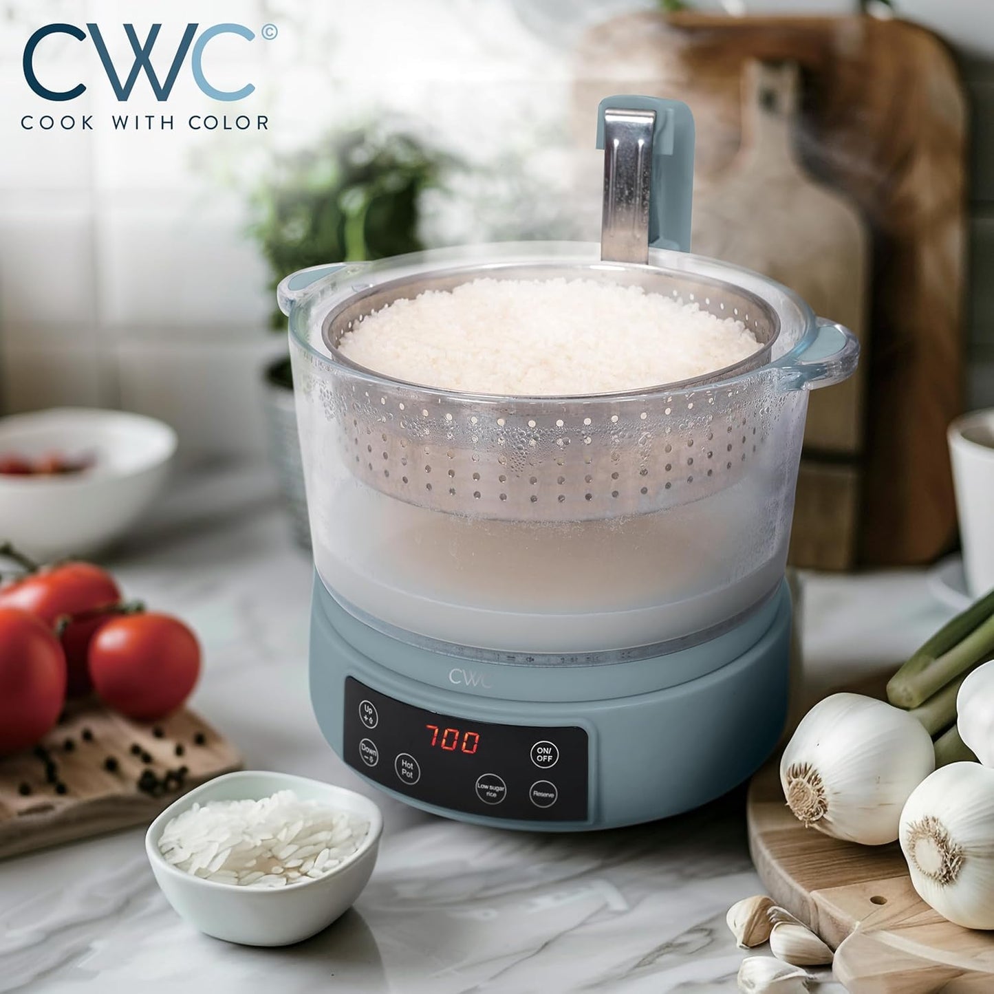 COOK WITH COLOR 3L Glass Low Carb Rice Cooker - Makes 6 Cups Low Sugar Rice with Auto Lift Filter Basket, Hotpot & Steamer for Rice, Grains and Oats, Digital Panel with Keep Warm Function, Slate Blue