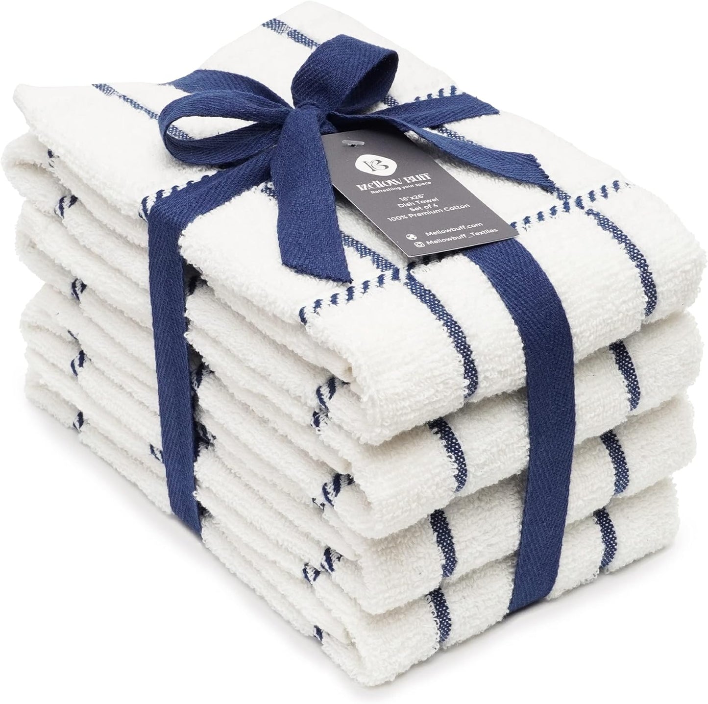 100% Cotton Terry Dish Towels, 4 Pack Checks, 16 x26 Inches, Super Soft and Absorbent Kitchen Towels, Perfect for Kitchen Cleaning and Dish Washing | Navy Blue