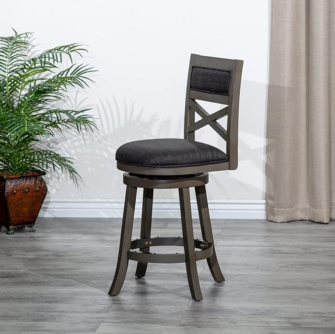 DTY Indoor Living Meeker 24 Inch Counter Height Bar Stools with Backs - Wooden Swivel Counter Stools for Kitchen Island - Charcoal Fabric Seat, Solid Wood Frame, Weathered Gray Finish