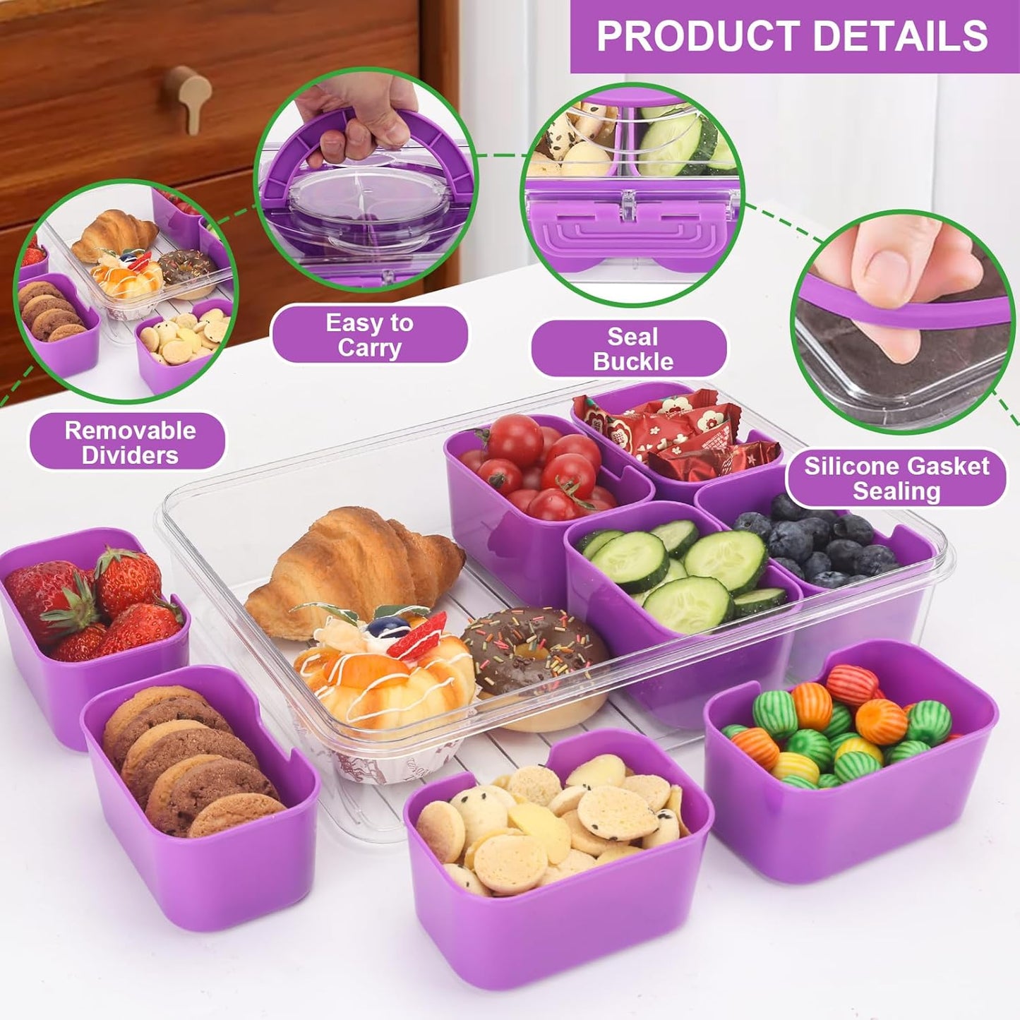 shopwithgreen Snackle Box Container, Divided Serving Tray with Lid and Handle for Party, Veggies, Fruit, Nuts, Food Tray Platter Charcuterie Snack Box Container for Entertaining, Picnic, Purple
