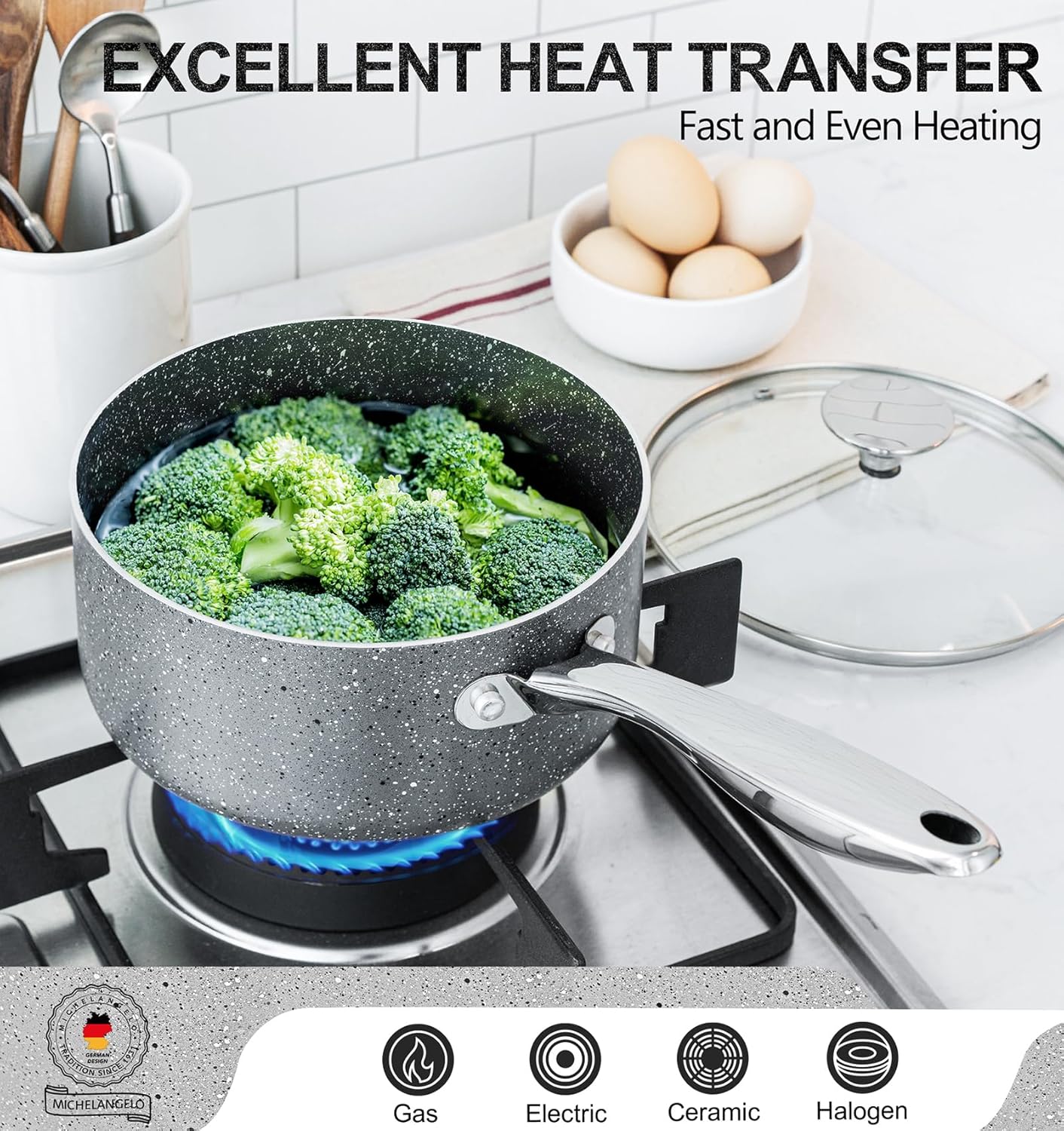 MICHELANGELO Sauce Pan with Lid, 1 Quart Saucepan with Lid Granite, Non Stick Sauce Pan with Stainless Steel Handle, 1 Qt Saucepan with Nonstick Coating, Grey