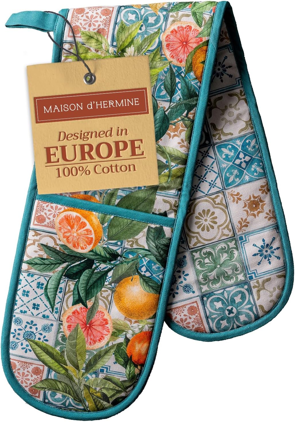 Maison d' Hermine Double Oven Mitts 100% Cotton 7"x35" Double Oven Mitt Heat Resistant BBQ Cooking Gloves with Loop, Baking, Grilling, Home, Kitchen, Handling Hot Pans Spring Summer (Agrume)