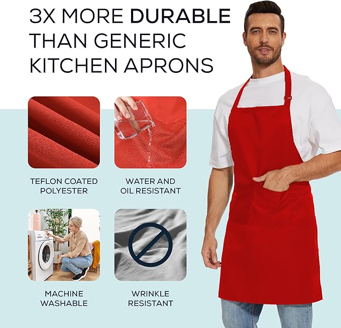 Will Well Kitchen Apron for Men and Women - 33" x 27" Oil-and-Water-Resistant with Adjustable Neck Strap and 38" Waist Ties for a Snug Fit, Lightweight with 2 Front Pockets - 2-Pack, Red