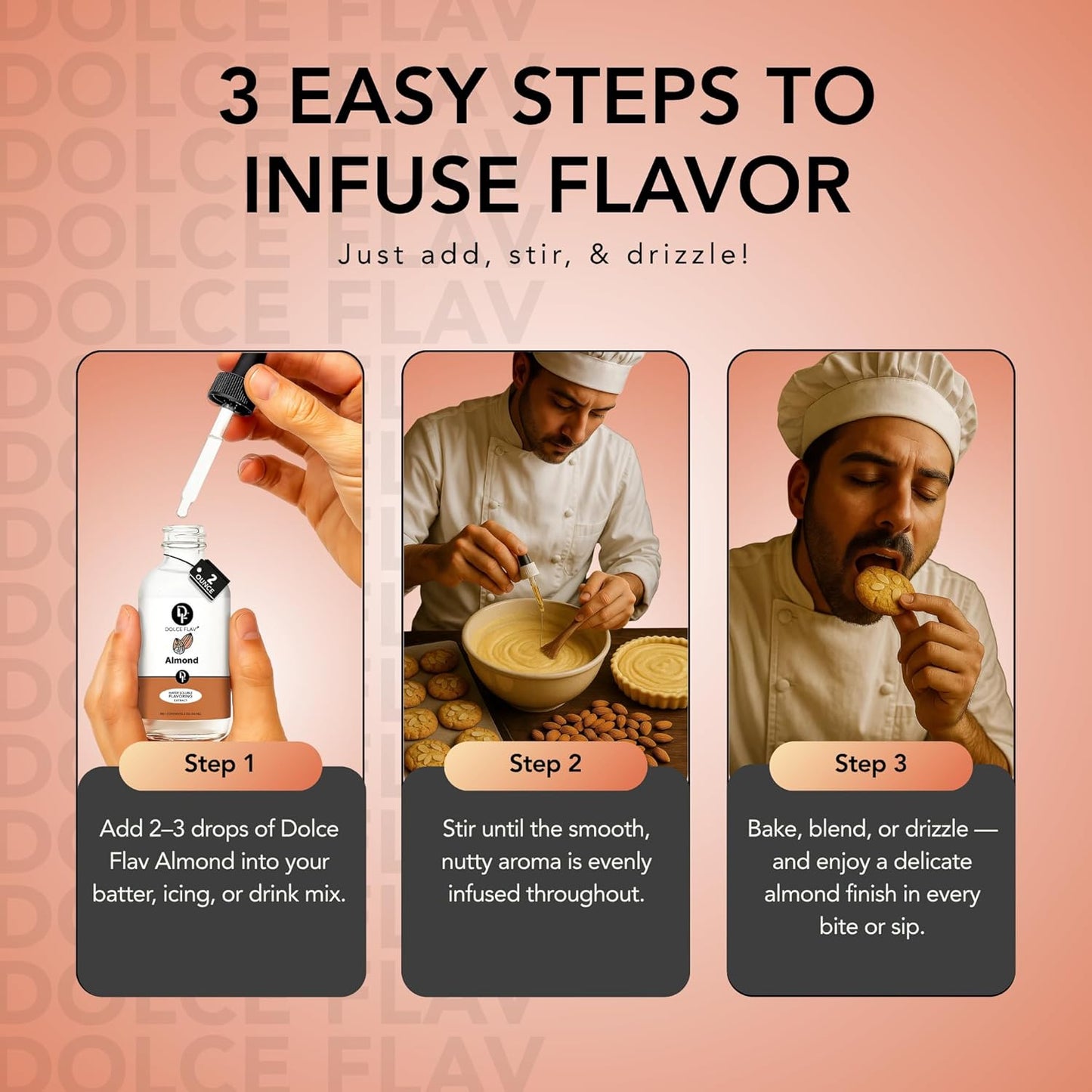 Dolce Flav Natural Almond Extract – 2 Ounce Water-Soluble Kosher, Sugar-Free, Concentrated Pure Almond Flavoring for Baking, Pastries & Beverages, Includes Measured Dropper