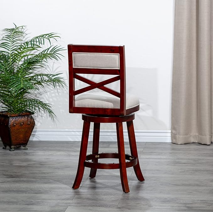 DTY Indoor Living Meeker 24 Inch Counter Height Bar Stools with Backs - Wooden Swivel Counter Stools for Kitchen Island - Beige Fabric Seat, Solid Wood Frame, Cherry Finish