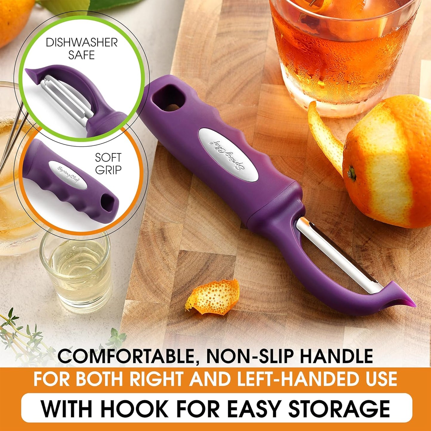 Spring Chef Professional Purple Swivel Potato Peelers for Kitchen, Stainless Steel Veggie Peeler with Soft Grip Handle, Dishwasher Safe, Grate for Peeling Apple, Fruit, Carrot, Cucumber, Purple