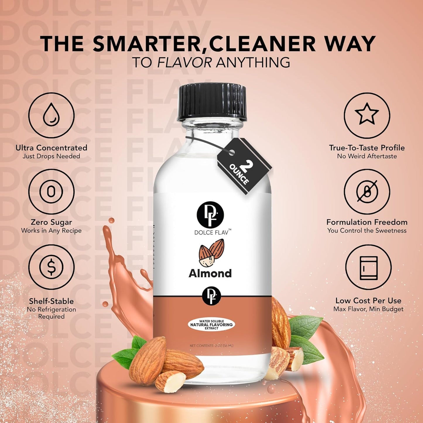 Dolce Flav Natural Almond Extract – 2 Ounce Water-Soluble Kosher, Sugar-Free, Concentrated Pure Almond Flavoring for Baking, Pastries & Beverages, Includes Measured Dropper