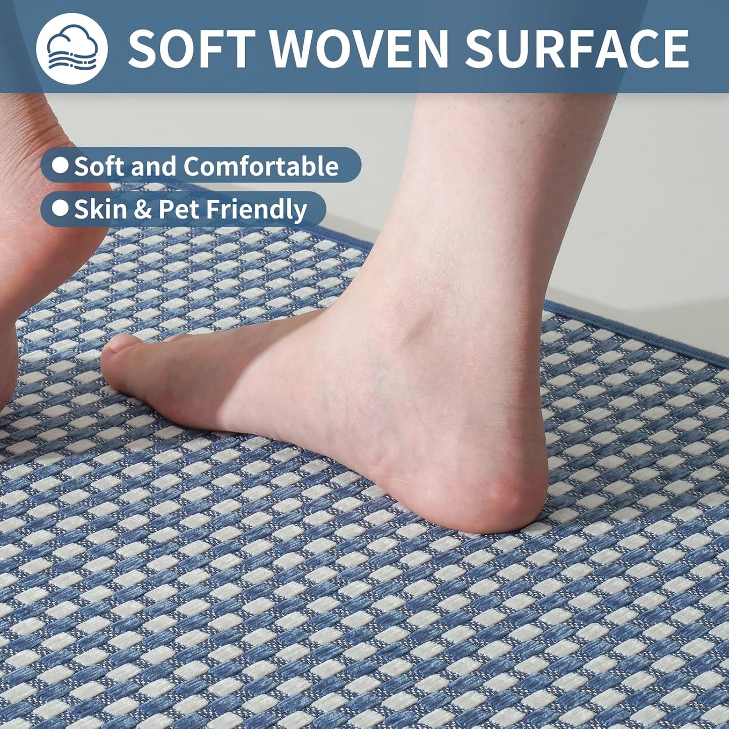 Long Kitchen Runner Rugs Kitchen Mat Non Slip Washable, Super Absorbent Soft Chenille Braided Kitchen Mats for Floor, Rubber Backing Kitchen Floor Sink Standing Mat, Easy Clean, Blue 17"x71"