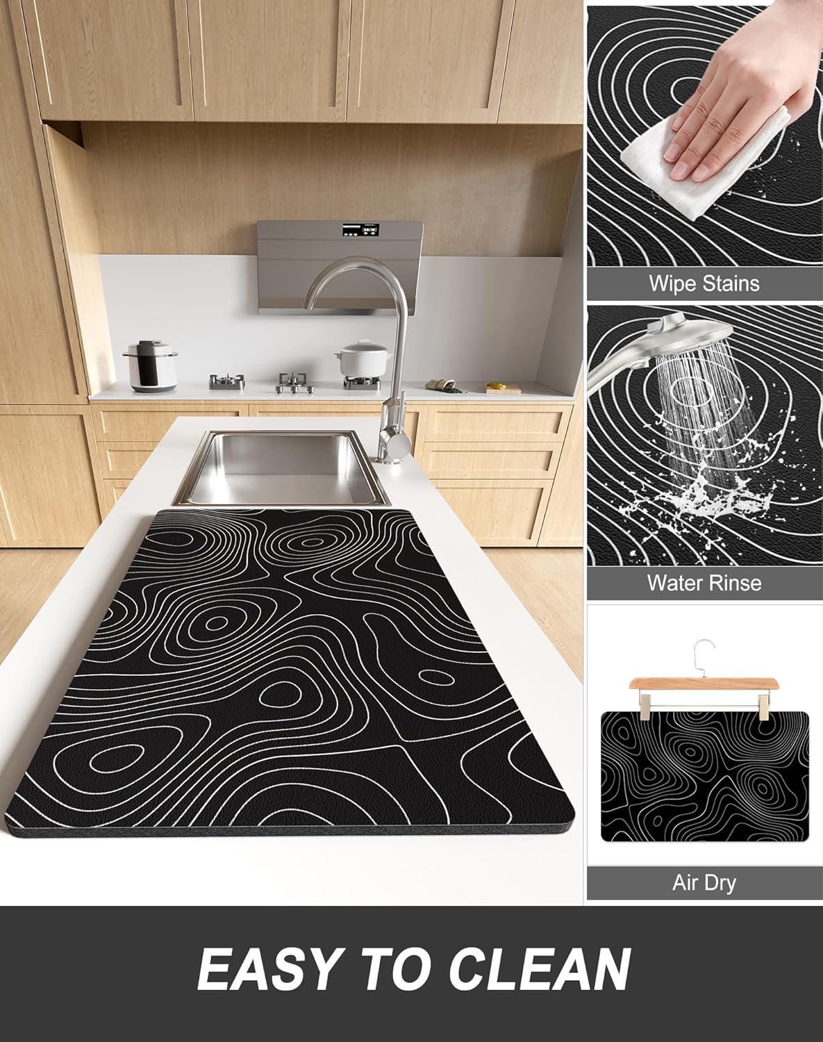 Rnivvi Dish Drying Mat for Kitchen Counter, 12 x 19" Cute Marble Super Absorbent Draining Pad, Non-Slip Heat Resistant Coffee Bar Mats for Coffee Machine Station Accessories, Line Art Dish Rack Pad