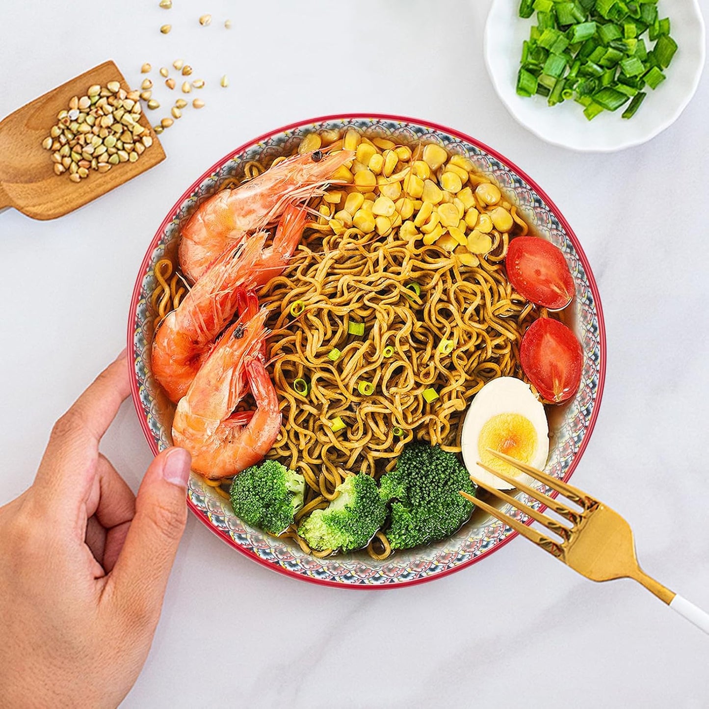 Large Serving Bowls, 75 Oz Fruit Salad Bowls, Bohemian Style Large Porcelain Dishes for Entertaining Parties,Big Bowls for Eating Soup, Salad, Pasta, Fruit, Chips, 10.3 Inch Diameter (red)