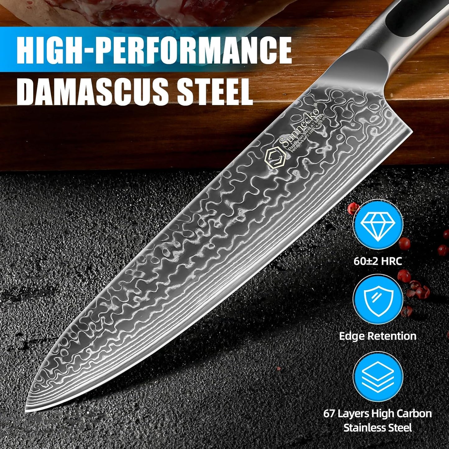 Sunnecko Damascus Kitchen Knife Set 4 Piece Chef Knife Set Professional, Sharp Kitchen Knives Set Full Tang, Gift Box