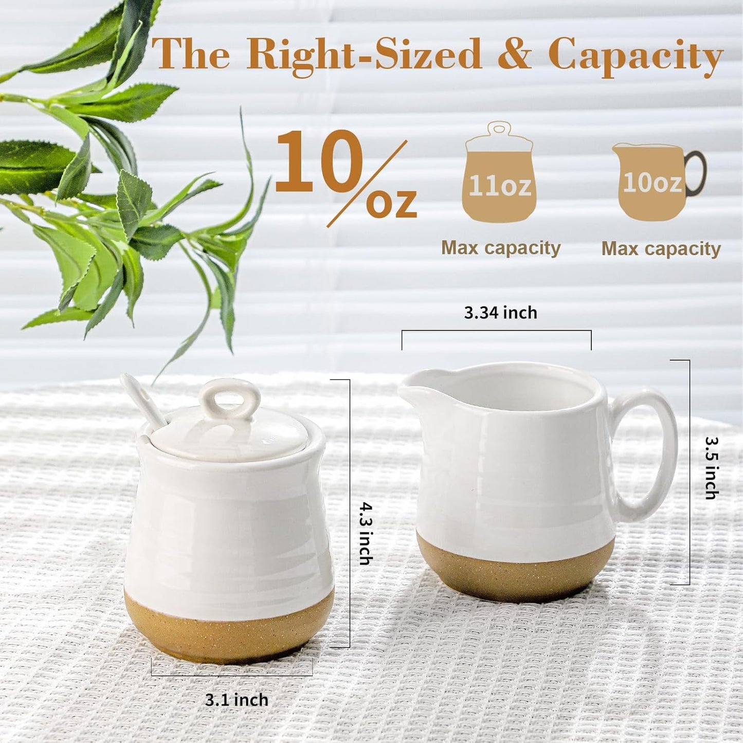 Hasense Ceramic Sugar and Creamer Set, 3 Piece Coffee Serving Set with Cream Pitcher, Sugar Bowl, Lid & Spoon, 10 Ounce Sugar and Creamer Set for Coffee Bar, Perfect for Wedding Gift (White)