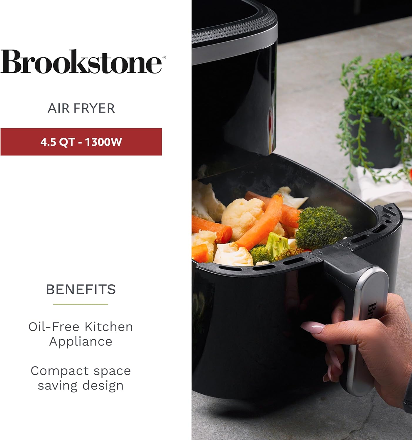 Brookstone Air Fryer – 4.5 Qt, 1300W Large Capacity Fryer with LED Display, 8 Presets, Adjustable Temp, Oil-Free Kitchen Appliance for Baking, Roasting, Frying, Healthy Crispy Meals, Black