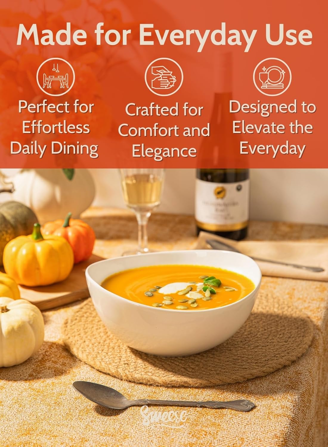 Sweese 8 Inch Porcelain 42 oz Serving Bowls Set of 4, for Salad | Soup | Snacks | Pasta - Microwave, Dishwasher, and Oven Safe - White