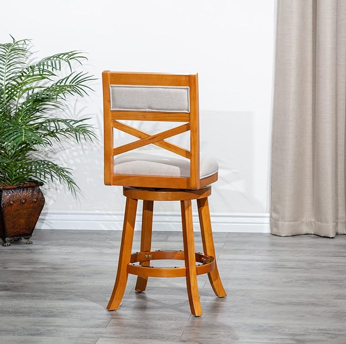 DTY Indoor Living Meeker X Back Fabric Swivel Stool, 30” Bar Height, Natural Finish, Beige Fabric Seat