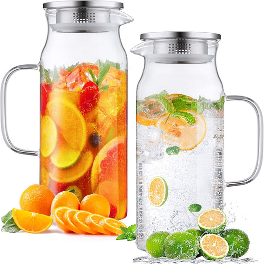 2 Pack 2 Liter 68 oz 2.1 Qt Glass Pitcher with Lid and Spout, Bivvclaz Water Pitcher for Fridge, Glass Carafe for Hot/Cold Water, Large Iced Tea Pitcher for Coffee, Juice and Homemade Beverage
