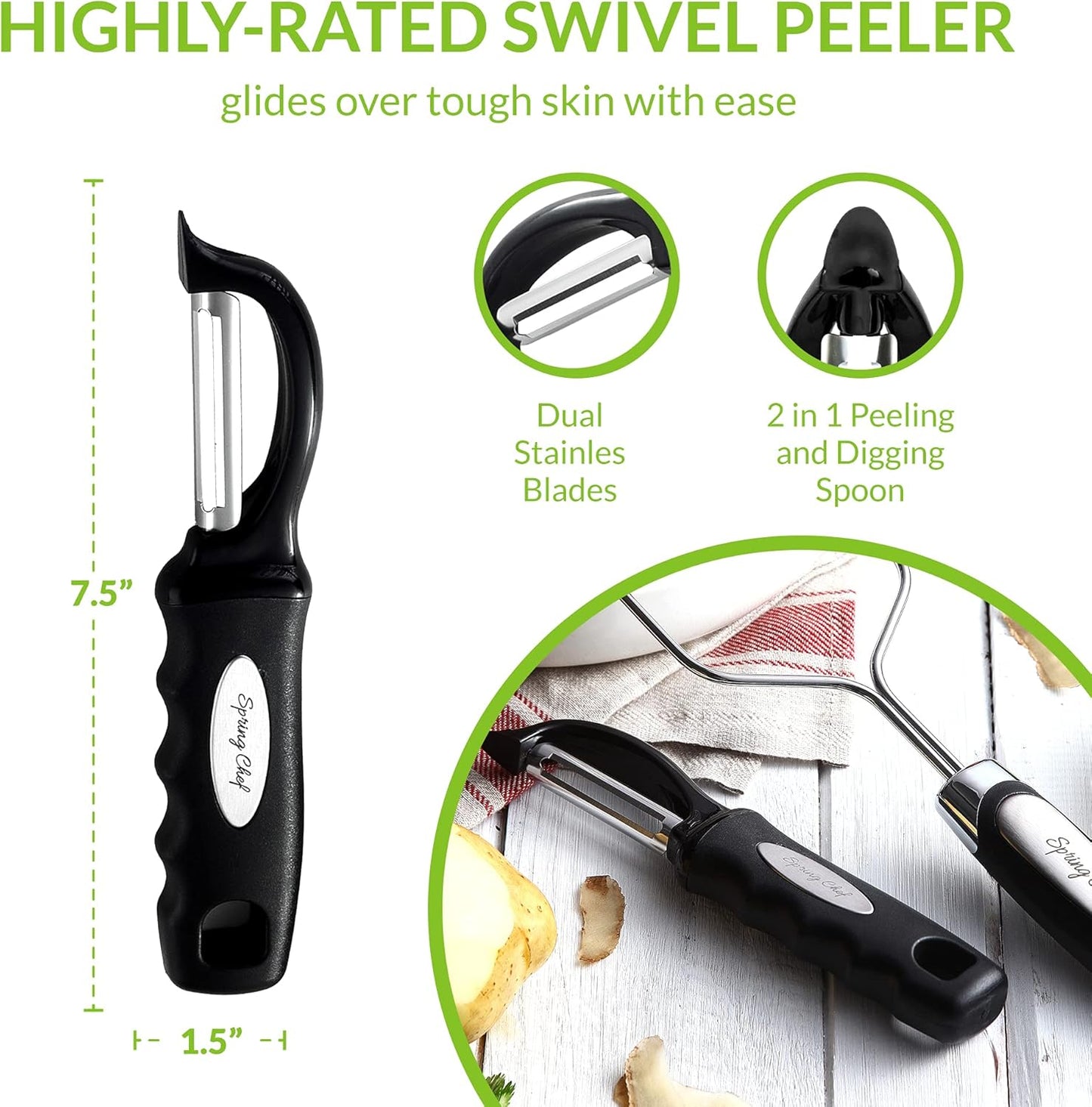 Spring Chef Stainless Steel Potato Masher with Premium Vegetable Peeler, Mashed Potato Masher - Kitchen Tool with Soft Non-slip Handle, Metal Food Masher for Fruit, Avocado, Bean, Guacamole, Banana