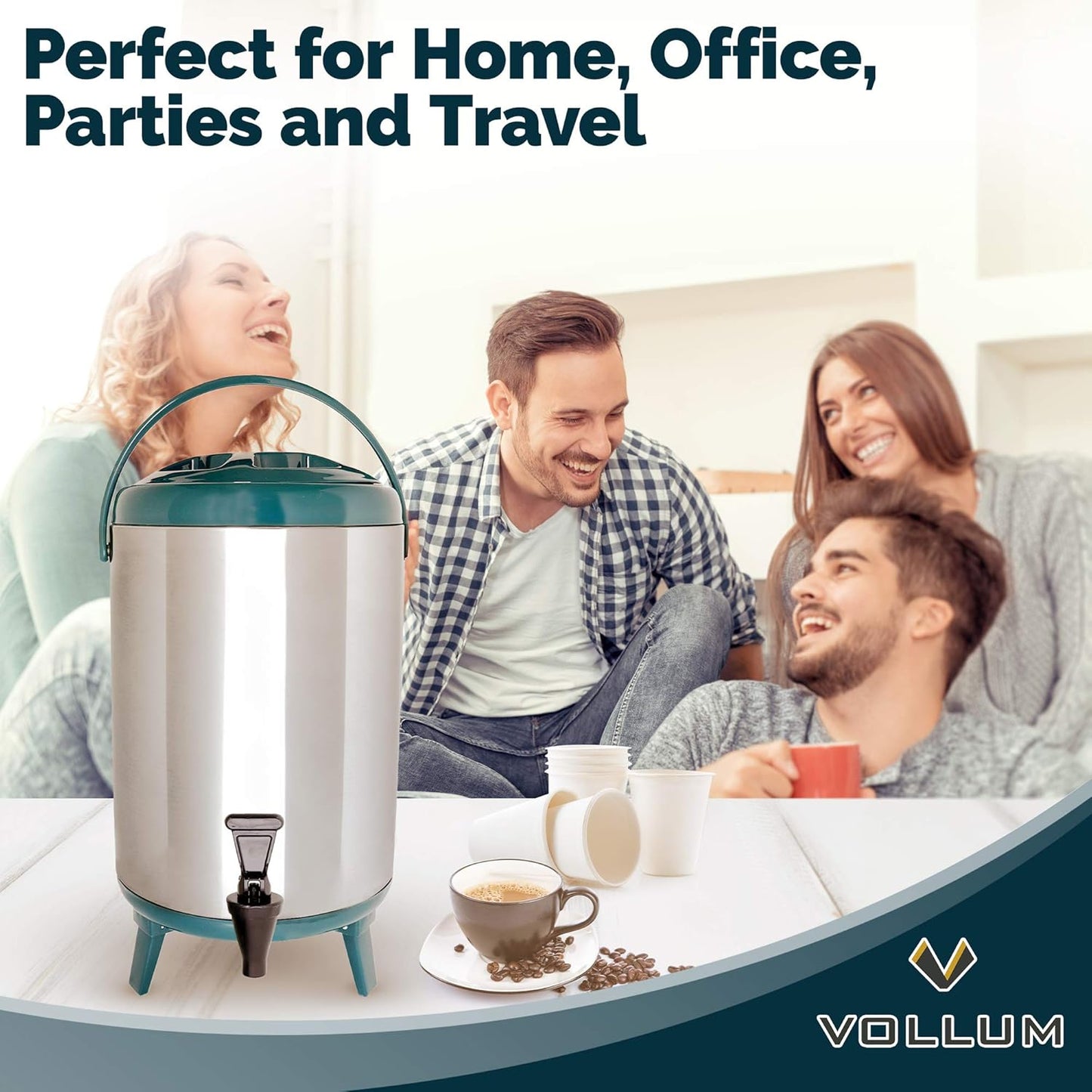 Stainless Steel Insulated Beverage Dispenser – Insulated Thermal Hot and Cold Coffee Carafe – 8 Liter Drink Dispenser with Spigot for Hot Water, Tea & Coffee, Cold Milk, Juice & More TEAL