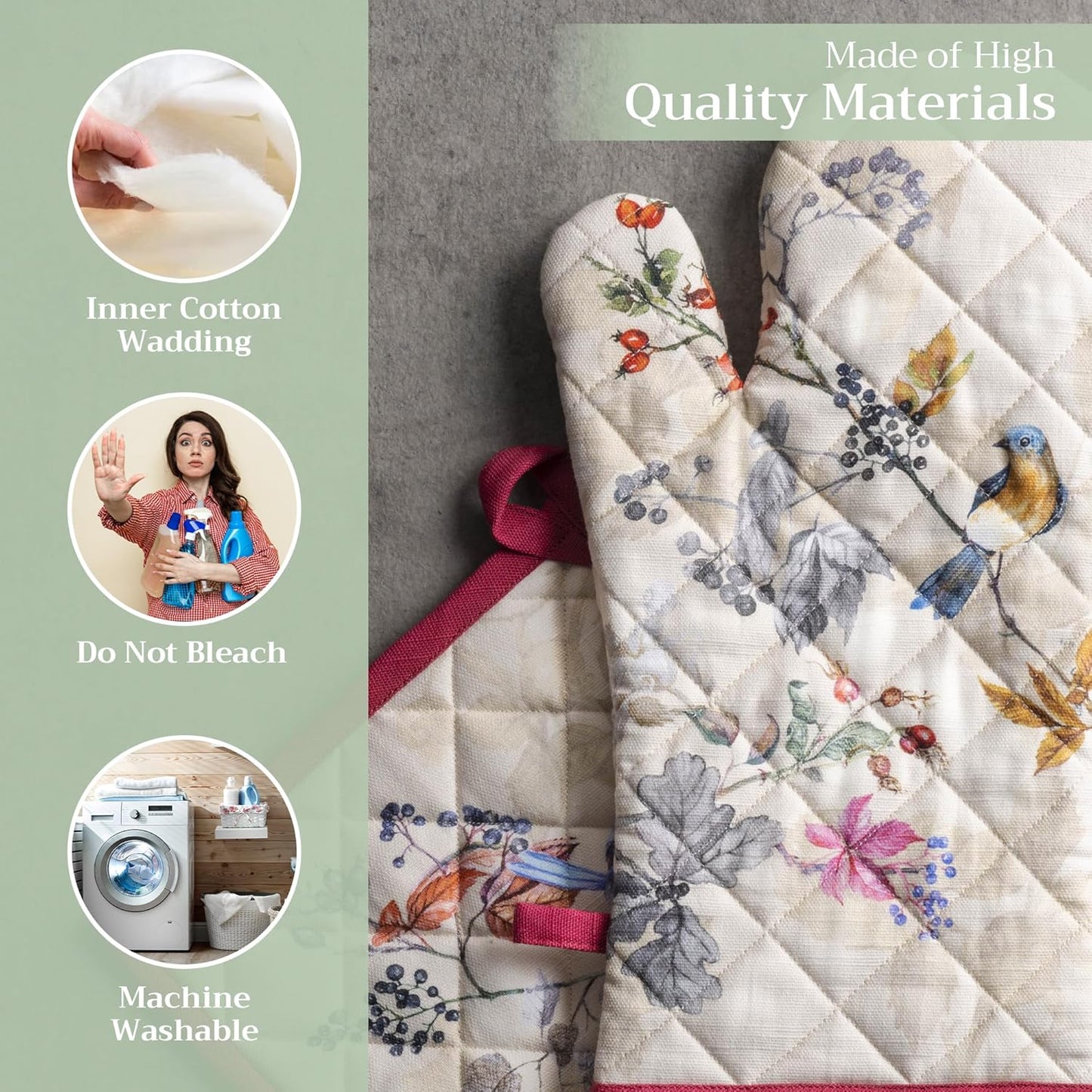 Maison d' Hermine 100% Cotton Oven Mitt & Pot Holder Set (7.5"x13" & 8"x8") Heat Resistant BBQ Cooking Gloves with Loop, Baking, Grilling, Kitchen, Handling Hot Pans (Equinoxe - Beige)