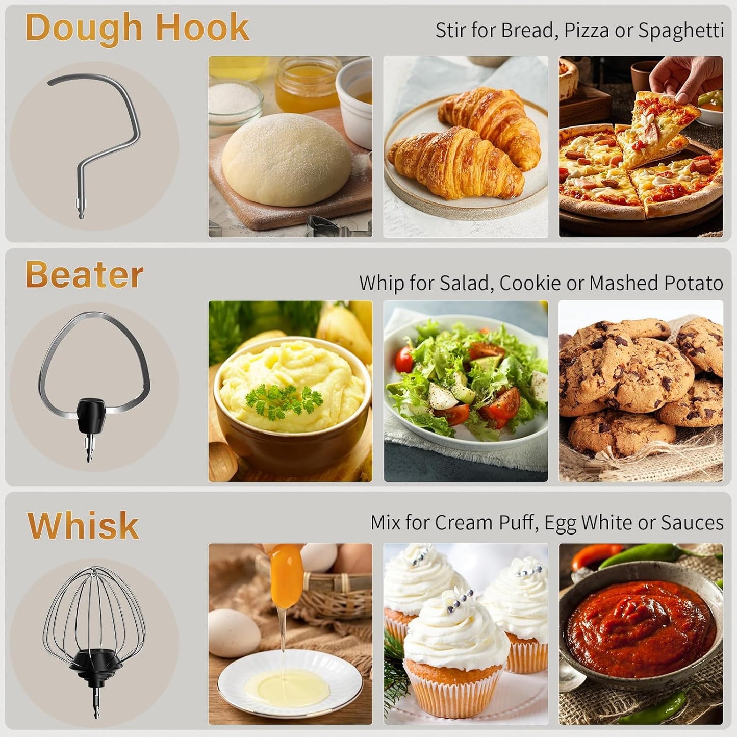 Stand Mixer with 3QT+3.5QT Dual Bowls, 10-Speed Electric 300W Food Mixer - Includes Egg Whisk, Dough Hook & Flat Beater for Home Baking & Daily Cooking (GraySilver)