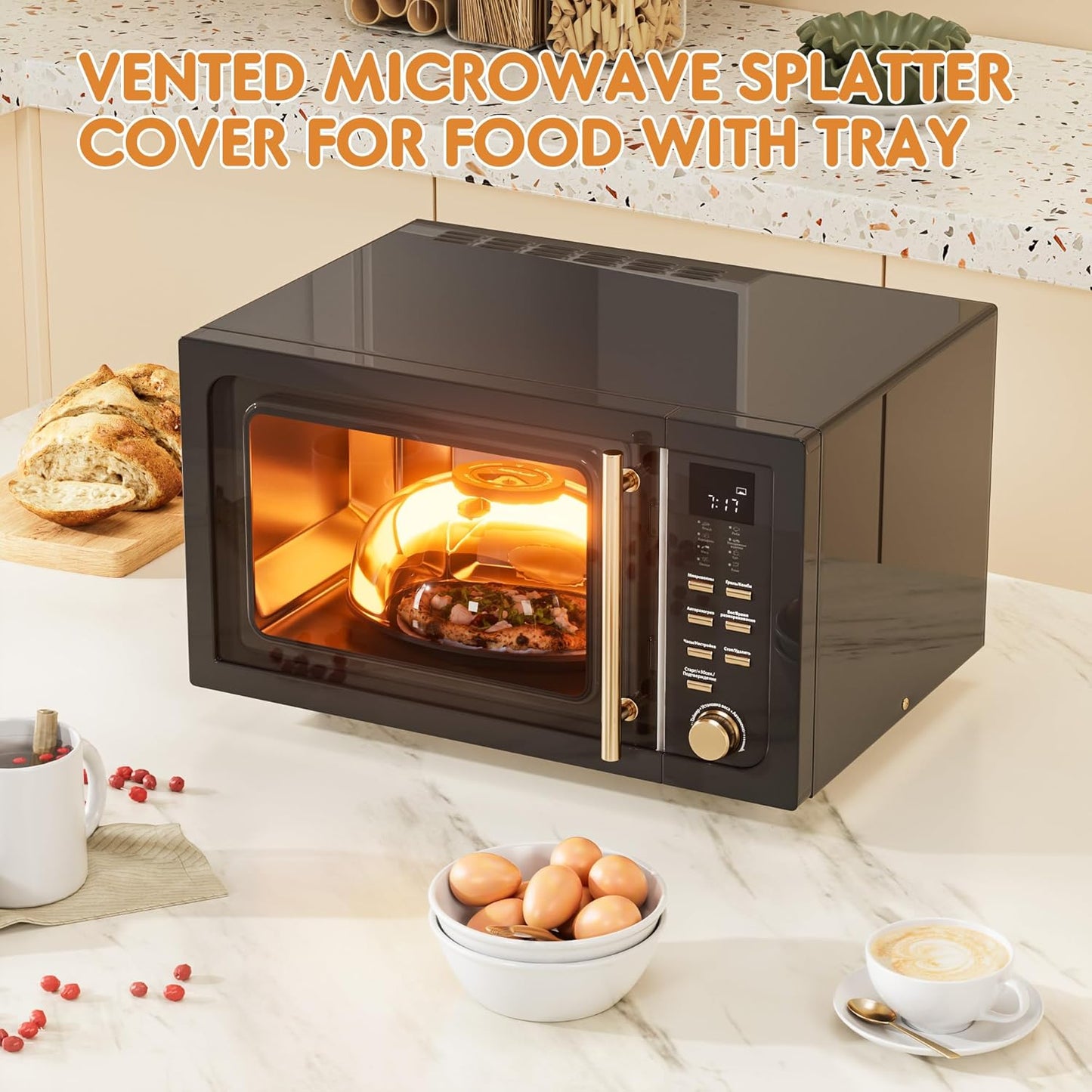 Microwave Splatter Cover for Food, Plastic Microwave Cover with Water Steamer and Integrated Handle, 10 Inch Splatter Guard Lid with Plate, Kitchen Gadgets & Accessories (Black, 10 inch)