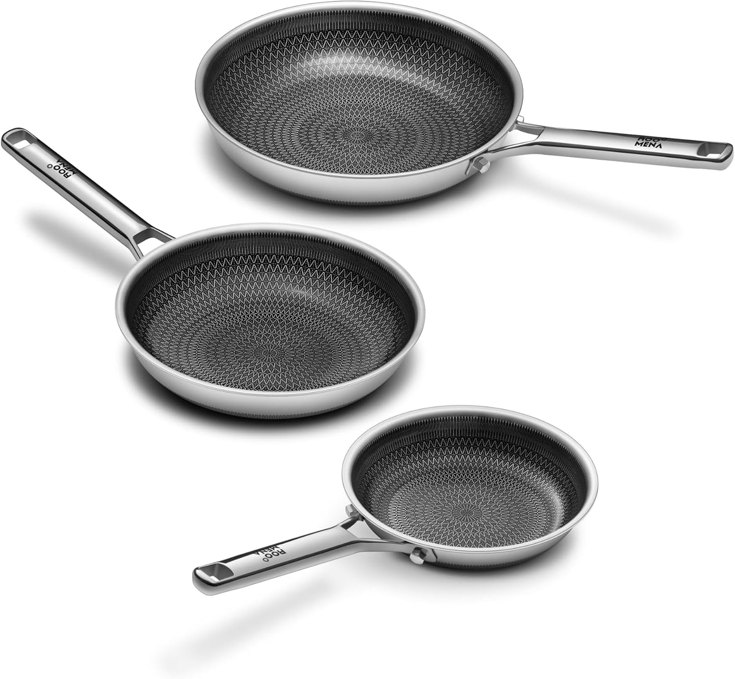 Nonstick Frying Pan Set, Non-Toxic Tri-Ply Hybrid Ceramic Skillet 3 Piece, 8, 10 & 12 Inch Stainless Steel Pans, PFAS/PFOA/PTFE Free, Metal Utensil Safe, Dishwasher & Oven Safe, Induction Compatible