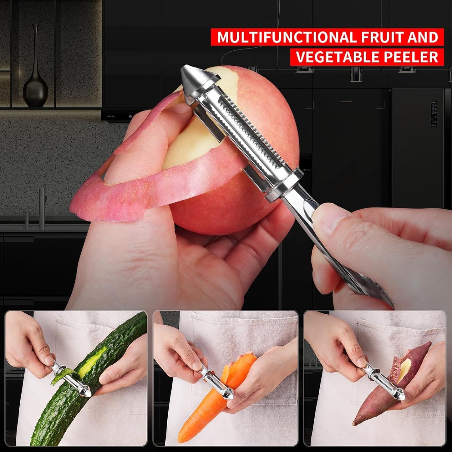 MAD SHARK Vegetable Peeler for Kitchen, Potato Peeler, Fruit Carrot Veggie Peelers, Design with Ergonomic Non-Slip Handle, I-Shaped Stainless Steel Serrated（Flat/Serrated Blade 2 in 1）