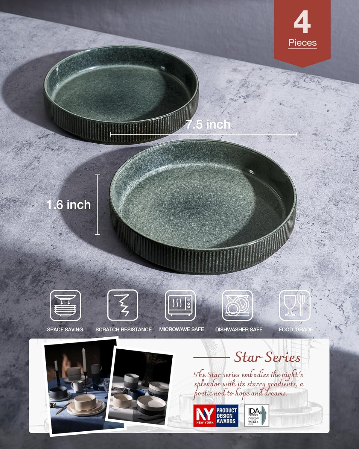 famiware Star 7.5" Pasta Bowls Set, Salad Bowl Set of 4, Double Reactive Glaze, Stackable, Ideal for Your Friend for Housewarming, Festivals, Deep Forest