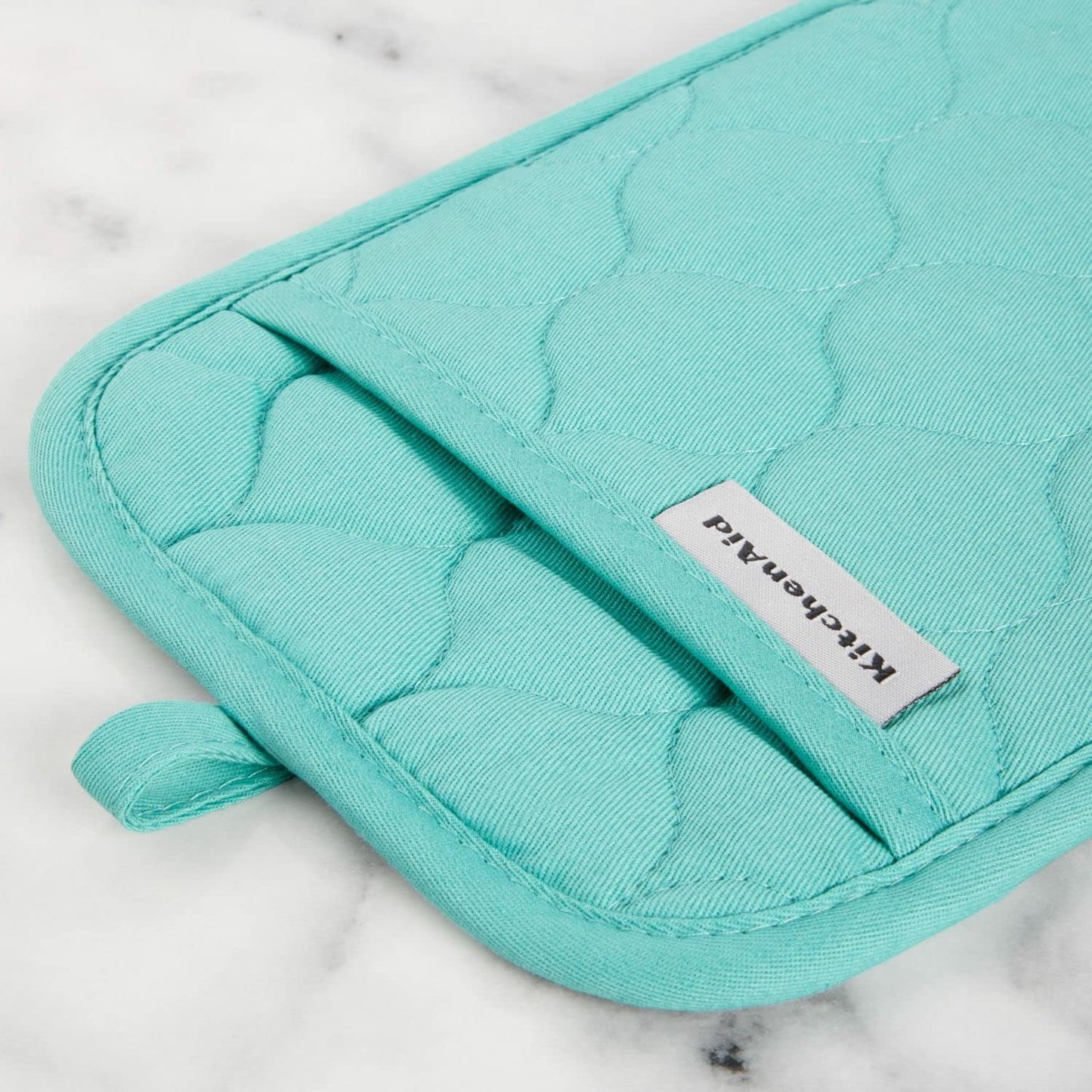 KITCHENAID Quilted Cotton Terry Cloth Oven Mitt, Pot Holder, Kitchen Towel 4-Pack Set, Heat Resistant, Silicone Grip, 16"x26", 7"x13" & 7"x10", Aqua Sky